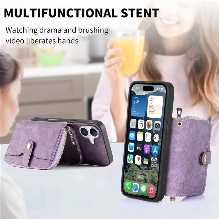 D3 For iPhone 16 Plus Case Zipper Card Holder PU Leather Phone Back Cover with Long Strap