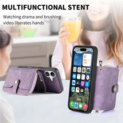 D3 For iPhone 16 Plus Case Zipper Card Holder PU Leather Phone Back Cover with Long Strap