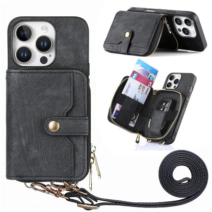 D3 For iPhone 16 Pro Case Zipper Card Holder PU Leather Phone Back Cover with Long Strap