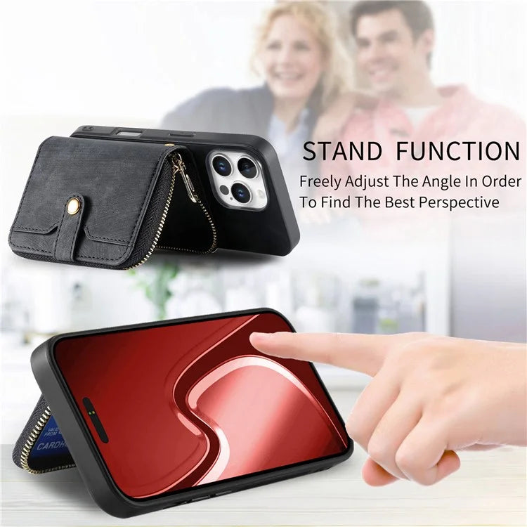 D3 For iPhone 16 Pro Case Zipper Card Holder PU Leather Phone Back Cover with Long Strap
