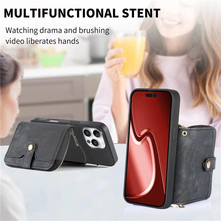 D3 For iPhone 16 Pro Case Zipper Card Holder PU Leather Phone Back Cover with Long Strap