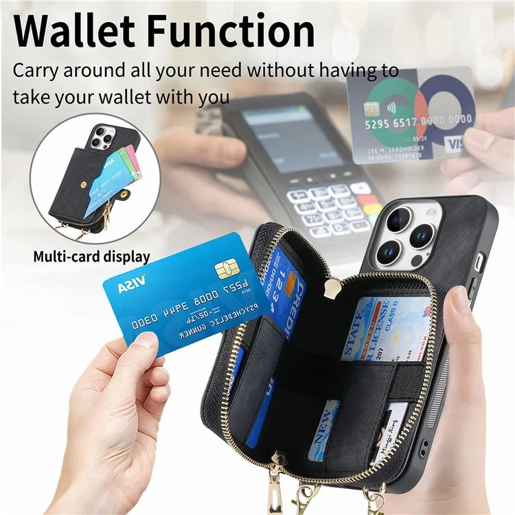 D3 For iPhone 16 Pro Case Zipper Card Holder PU Leather Phone Back Cover with Long Strap