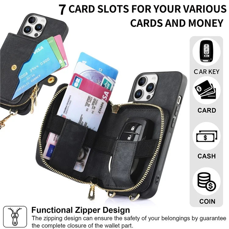 D3 For iPhone 16 Pro Case Zipper Card Holder PU Leather Phone Back Cover with Long Strap