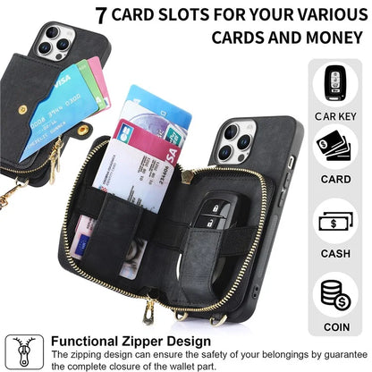 D3 For iPhone 16 Pro Case Zipper Card Holder PU Leather Phone Back Cover with Long Strap