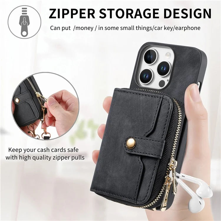 D3 For iPhone 16 Pro Case Zipper Card Holder PU Leather Phone Back Cover with Long Strap