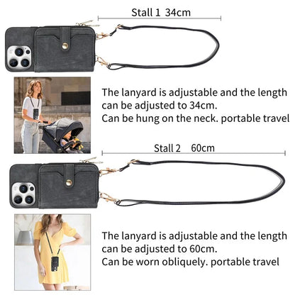 D3 For iPhone 16 Pro Case Zipper Card Holder PU Leather Phone Back Cover with Long Strap