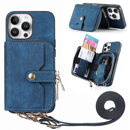 D3 For iPhone 16 Pro Case Zipper Card Holder PU Leather Phone Back Cover with Long Strap