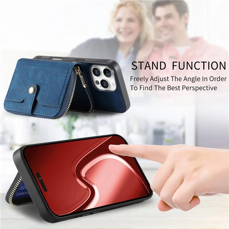 D3 For iPhone 16 Pro Case Zipper Card Holder PU Leather Phone Back Cover with Long Strap