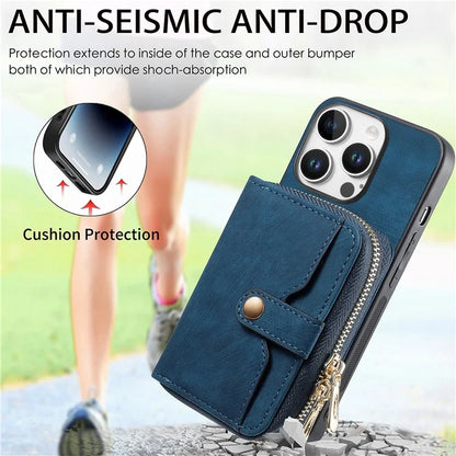 D3 For iPhone 16 Pro Case Zipper Card Holder PU Leather Phone Back Cover with Long Strap
