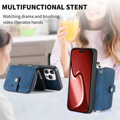 D3 For iPhone 16 Pro Case Zipper Card Holder PU Leather Phone Back Cover with Long Strap