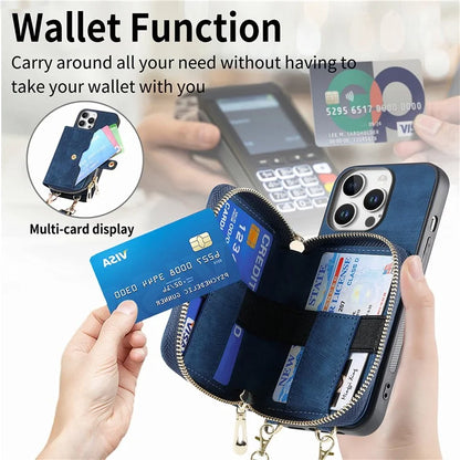 D3 For iPhone 16 Pro Case Zipper Card Holder PU Leather Phone Back Cover with Long Strap