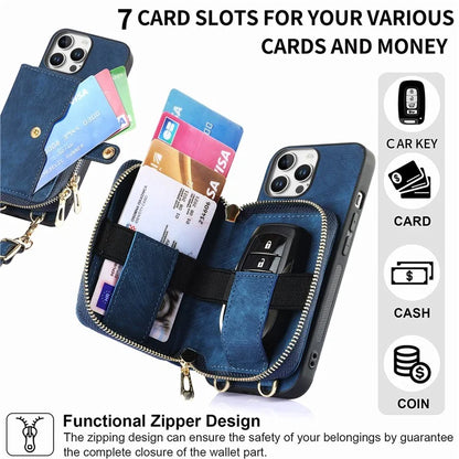 D3 For iPhone 16 Pro Case Zipper Card Holder PU Leather Phone Back Cover with Long Strap