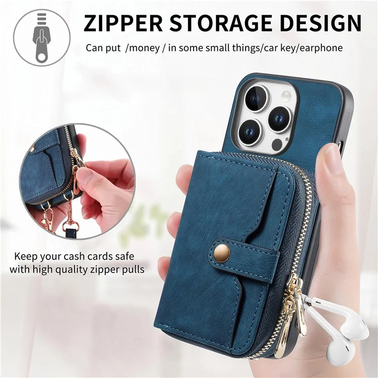 D3 For iPhone 16 Pro Case Zipper Card Holder PU Leather Phone Back Cover with Long Strap