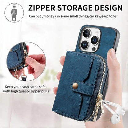 D3 For iPhone 16 Pro Case Zipper Card Holder PU Leather Phone Back Cover with Long Strap