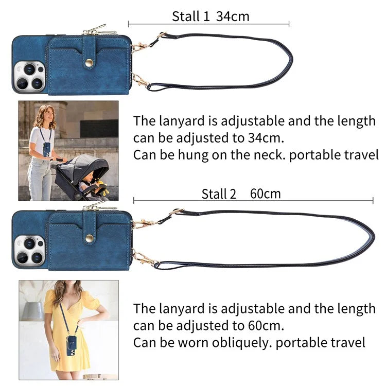 D3 For iPhone 16 Pro Case Zipper Card Holder PU Leather Phone Back Cover with Long Strap