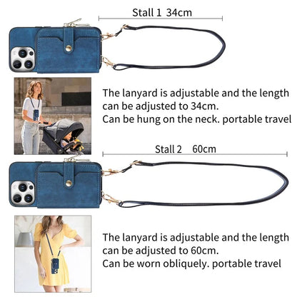 D3 For iPhone 16 Pro Case Zipper Card Holder PU Leather Phone Back Cover with Long Strap