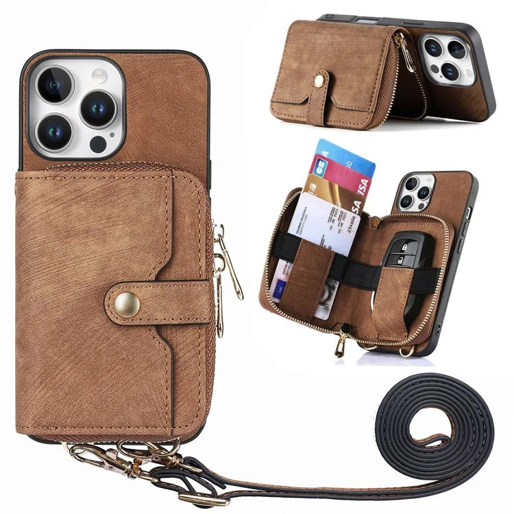 D3 For iPhone 16 Pro Case Zipper Card Holder PU Leather Phone Back Cover with Long Strap