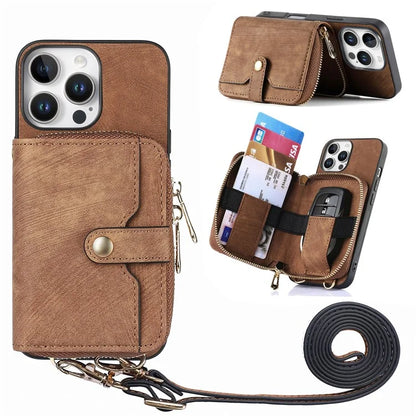 D3 For iPhone 16 Pro Case Zipper Card Holder PU Leather Phone Back Cover with Long Strap