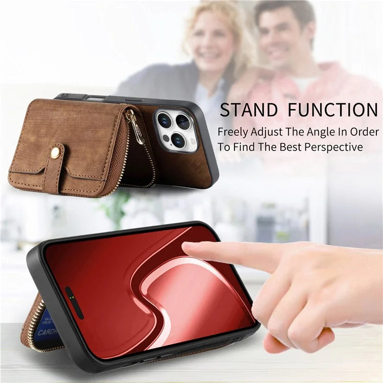 D3 For iPhone 16 Pro Case Zipper Card Holder PU Leather Phone Back Cover with Long Strap
