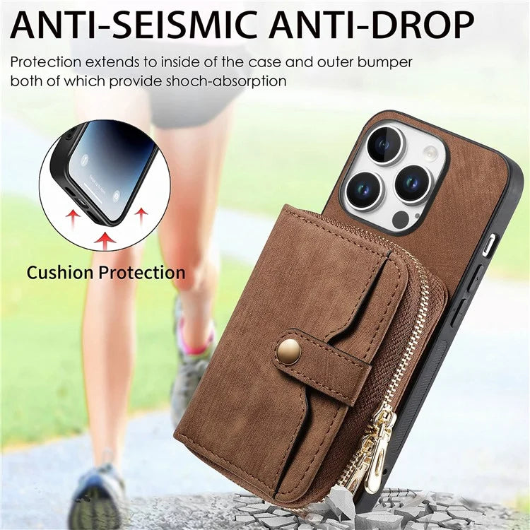 D3 For iPhone 16 Pro Case Zipper Card Holder PU Leather Phone Back Cover with Long Strap