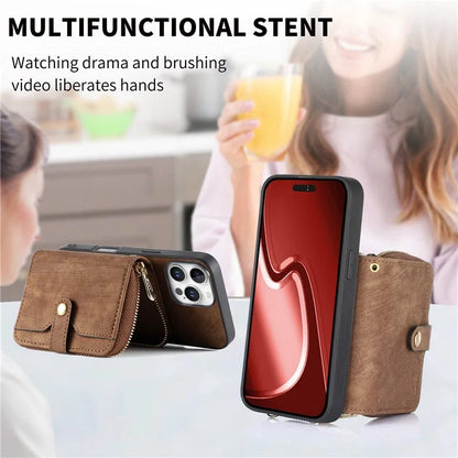 D3 For iPhone 16 Pro Case Zipper Card Holder PU Leather Phone Back Cover with Long Strap