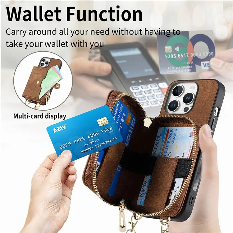 D3 For iPhone 16 Pro Case Zipper Card Holder PU Leather Phone Back Cover with Long Strap
