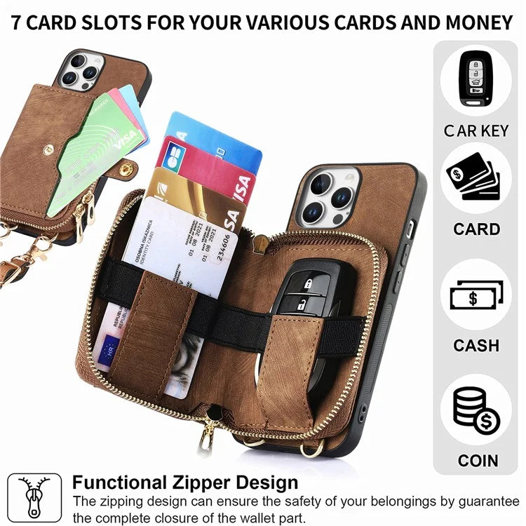D3 For iPhone 16 Pro Case Zipper Card Holder PU Leather Phone Back Cover with Long Strap