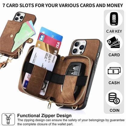 D3 For iPhone 16 Pro Case Zipper Card Holder PU Leather Phone Back Cover with Long Strap