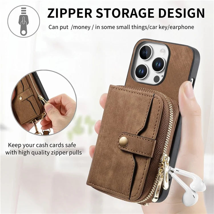 D3 For iPhone 16 Pro Case Zipper Card Holder PU Leather Phone Back Cover with Long Strap