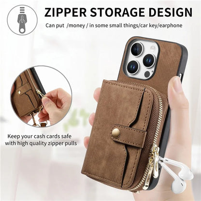 D3 For iPhone 16 Pro Case Zipper Card Holder PU Leather Phone Back Cover with Long Strap