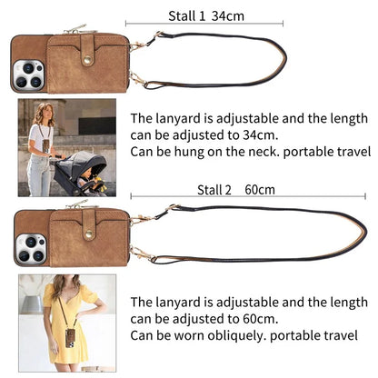 D3 For iPhone 16 Pro Case Zipper Card Holder PU Leather Phone Back Cover with Long Strap