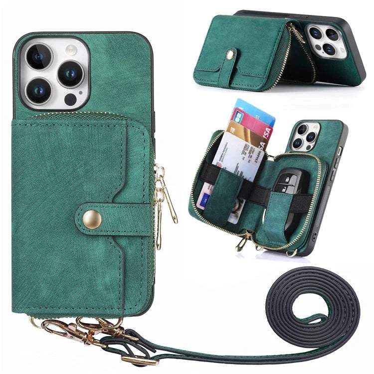 D3 For iPhone 16 Pro Case Zipper Card Holder PU Leather Phone Back Cover with Long Strap