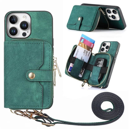 D3 For iPhone 16 Pro Case Zipper Card Holder PU Leather Phone Back Cover with Long Strap