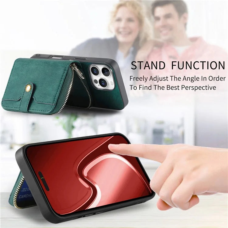D3 For iPhone 16 Pro Case Zipper Card Holder PU Leather Phone Back Cover with Long Strap