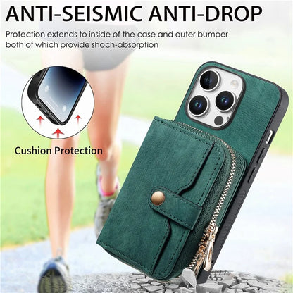 D3 For iPhone 16 Pro Case Zipper Card Holder PU Leather Phone Back Cover with Long Strap