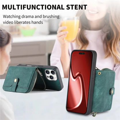 D3 For iPhone 16 Pro Case Zipper Card Holder PU Leather Phone Back Cover with Long Strap
