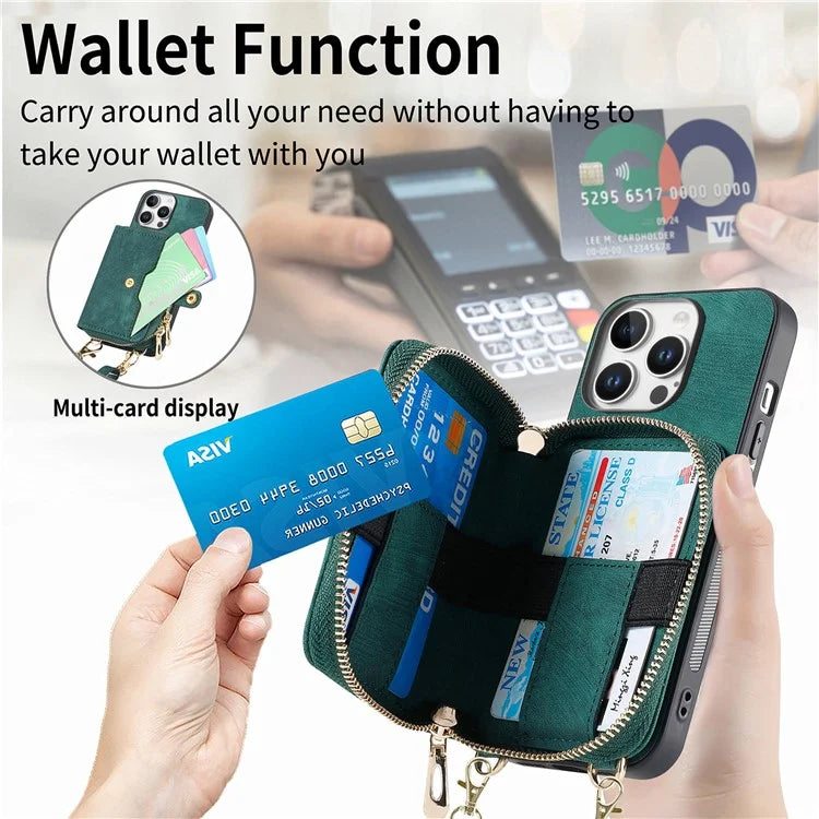 D3 For iPhone 16 Pro Case Zipper Card Holder PU Leather Phone Back Cover with Long Strap