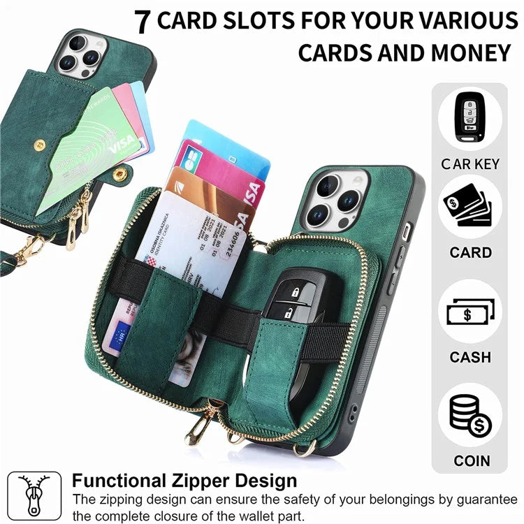 D3 For iPhone 16 Pro Case Zipper Card Holder PU Leather Phone Back Cover with Long Strap