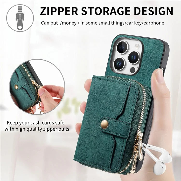 D3 For iPhone 16 Pro Case Zipper Card Holder PU Leather Phone Back Cover with Long Strap