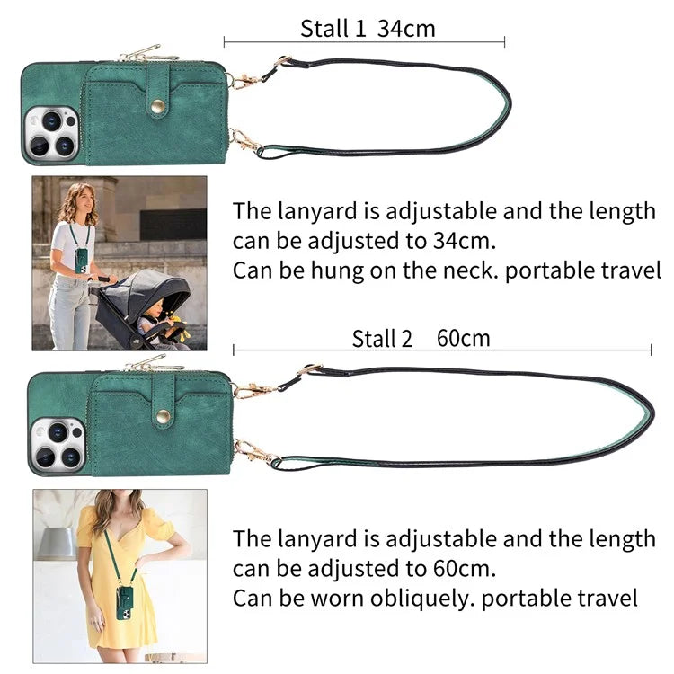 D3 For iPhone 16 Pro Case Zipper Card Holder PU Leather Phone Back Cover with Long Strap