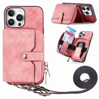 D3 For iPhone 16 Pro Case Zipper Card Holder PU Leather Phone Back Cover with Long Strap