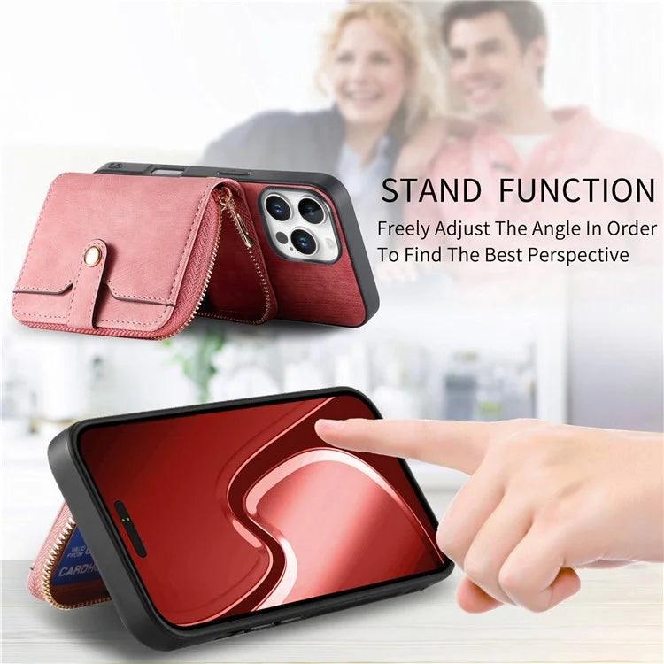 D3 For iPhone 16 Pro Case Zipper Card Holder PU Leather Phone Back Cover with Long Strap
