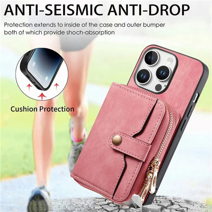D3 For iPhone 16 Pro Case Zipper Card Holder PU Leather Phone Back Cover with Long Strap