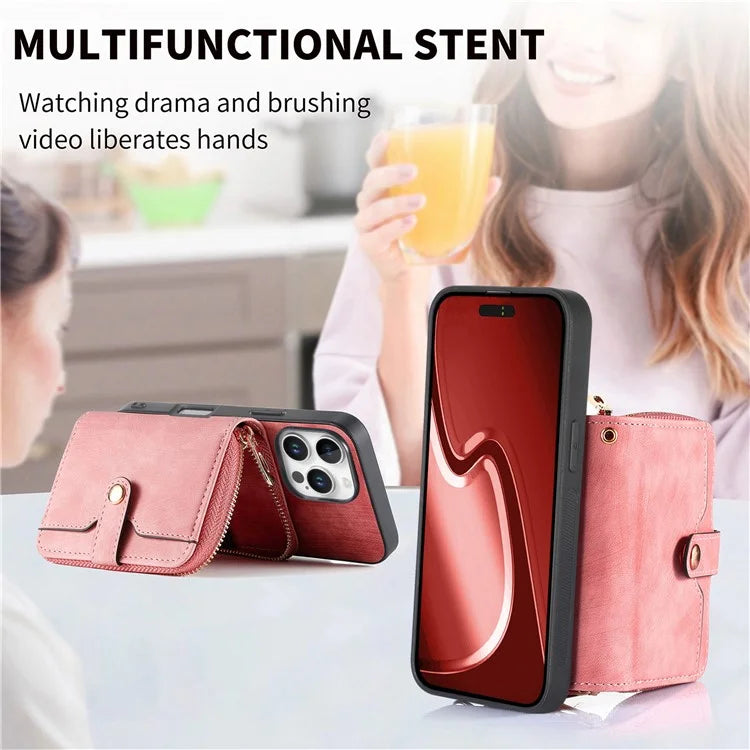 D3 For iPhone 16 Pro Case Zipper Card Holder PU Leather Phone Back Cover with Long Strap