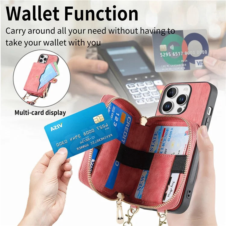 D3 For iPhone 16 Pro Case Zipper Card Holder PU Leather Phone Back Cover with Long Strap