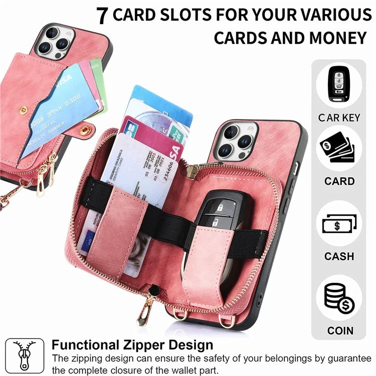 D3 For iPhone 16 Pro Case Zipper Card Holder PU Leather Phone Back Cover with Long Strap