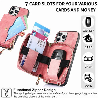 D3 For iPhone 16 Pro Case Zipper Card Holder PU Leather Phone Back Cover with Long Strap