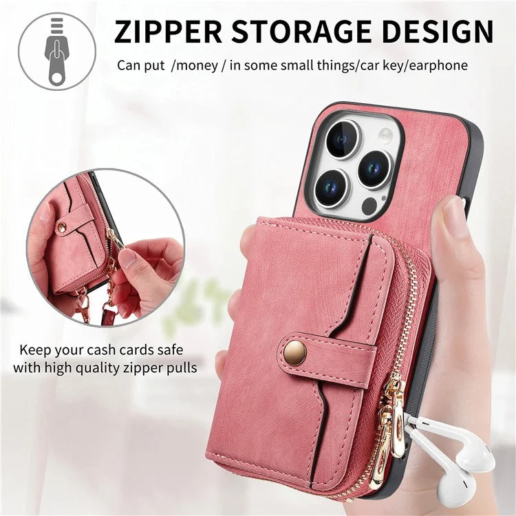 D3 For iPhone 16 Pro Case Zipper Card Holder PU Leather Phone Back Cover with Long Strap