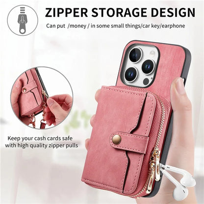 D3 For iPhone 16 Pro Case Zipper Card Holder PU Leather Phone Back Cover with Long Strap