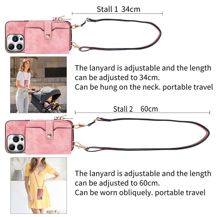 D3 For iPhone 16 Pro Case Zipper Card Holder PU Leather Phone Back Cover with Long Strap